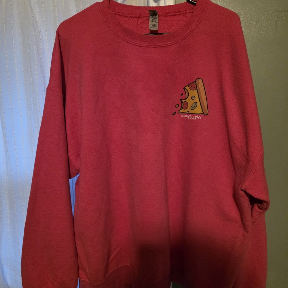 Women's Oversized Pink Merch Crewneck Sweatshirt with Small Pizza Graphic
